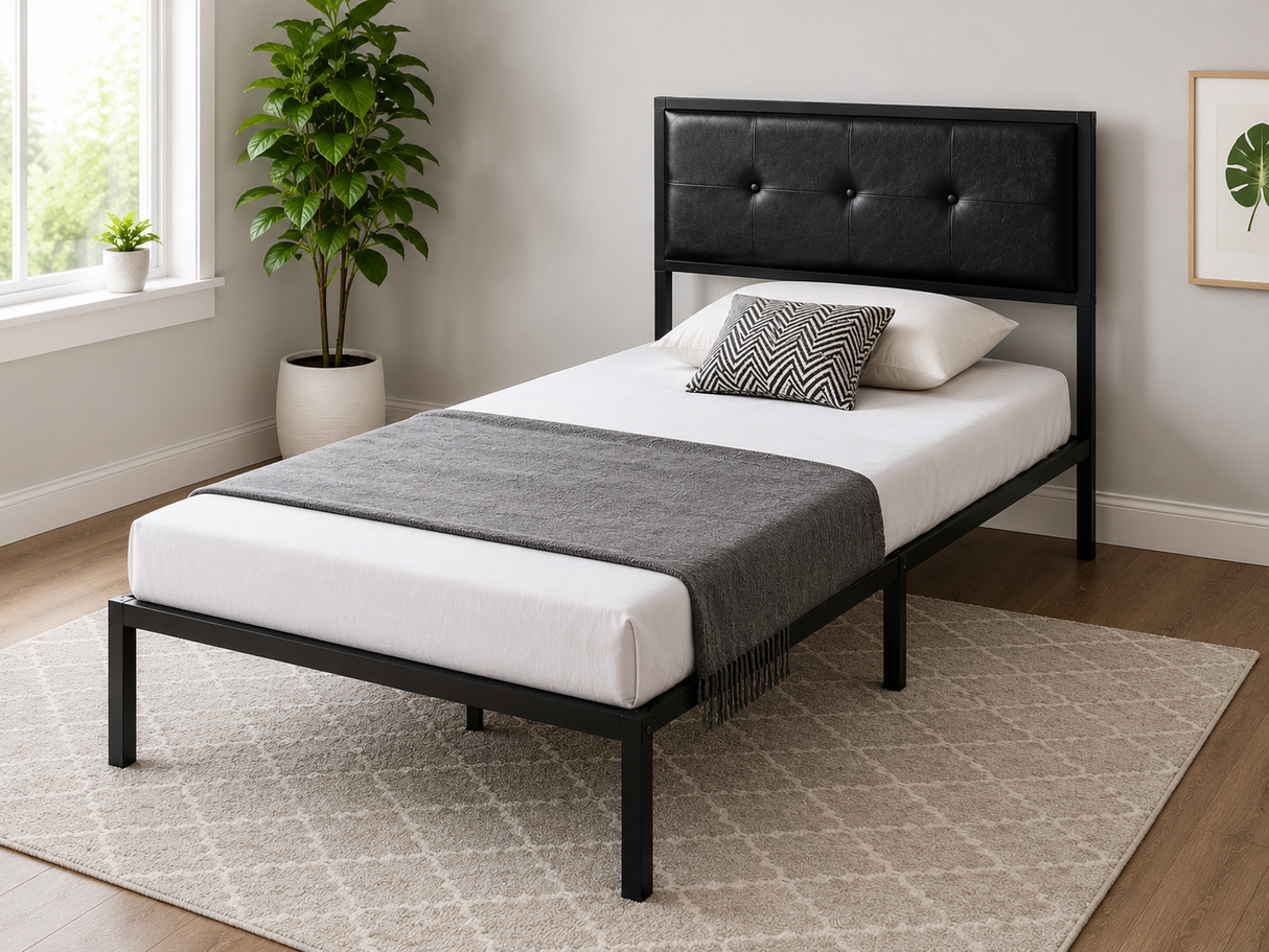 Cama Simple con Cabecero Tapizado Negro (DB001)